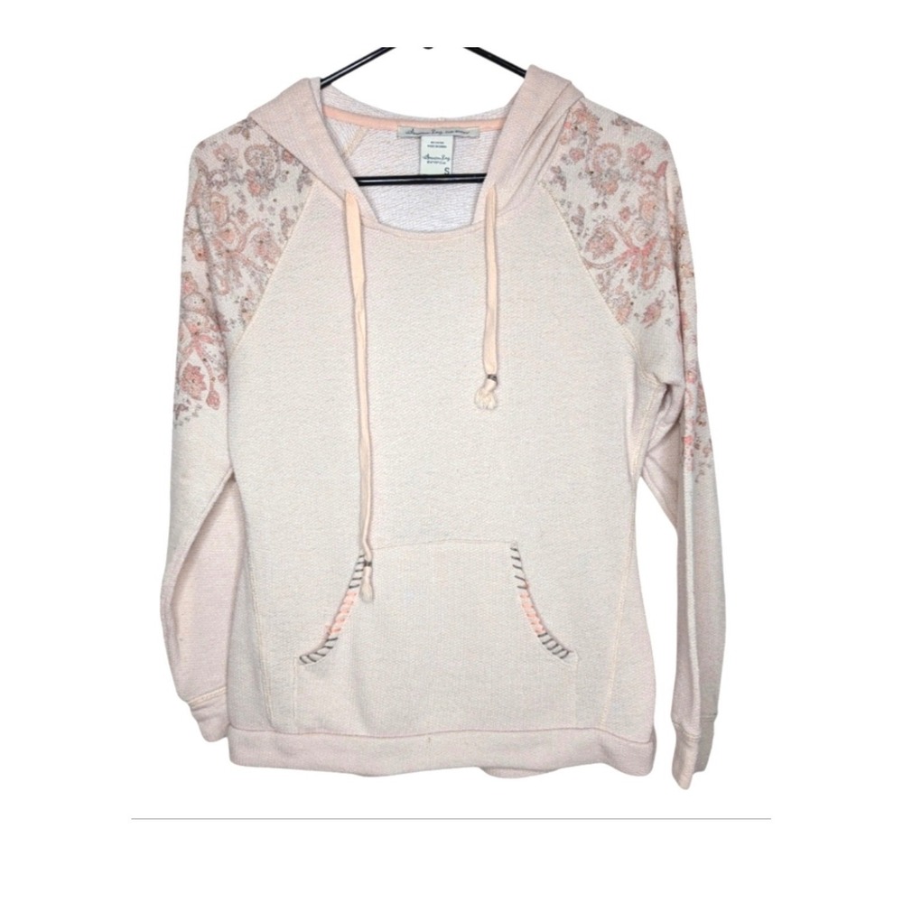 American Rag Cie‎ Womens Pink Floral Embroidered Beaded Knit Hoodie Sweatshirt S
